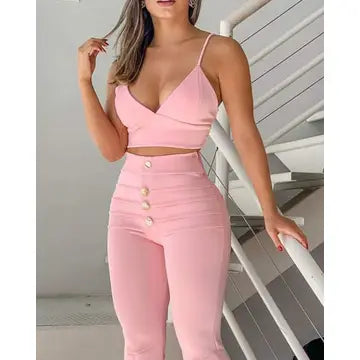 Sexy Cami Top Buttoned Bellbottom Pants Set
