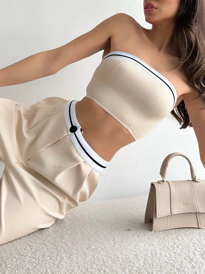 Sexy Tube Top + High Waisted Buttoned Pleated Pants Bottom Two Pieces Set
