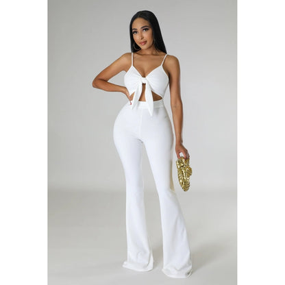 Sexy V Neck Flare Bottoms Semi-Stretch Jumpsuit