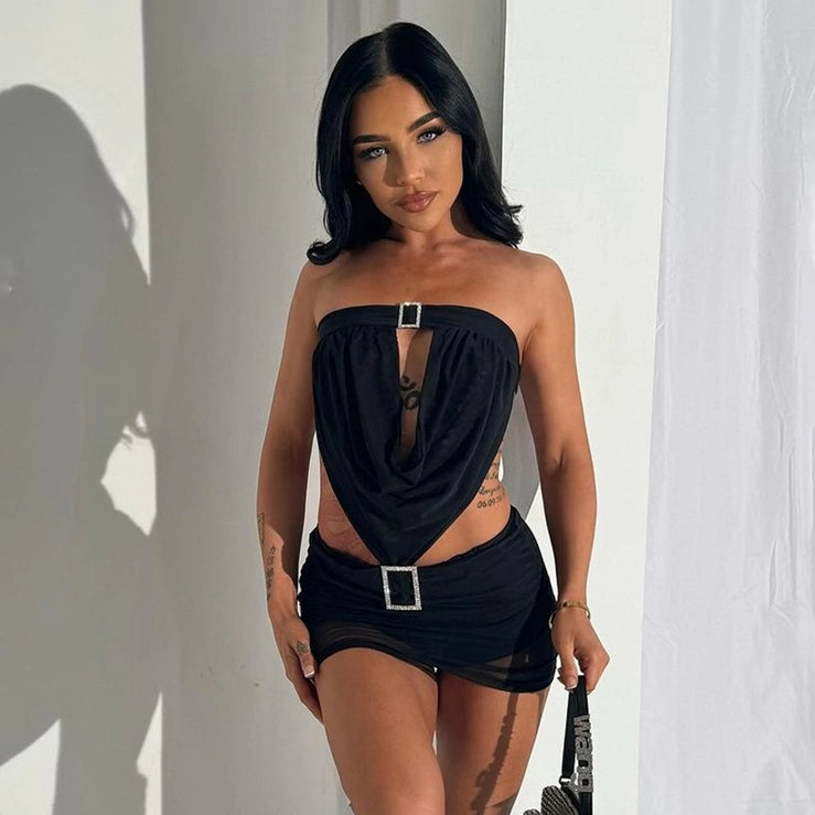 Sexy Rhinestone Trim Drape Front Mesh Skirt Set