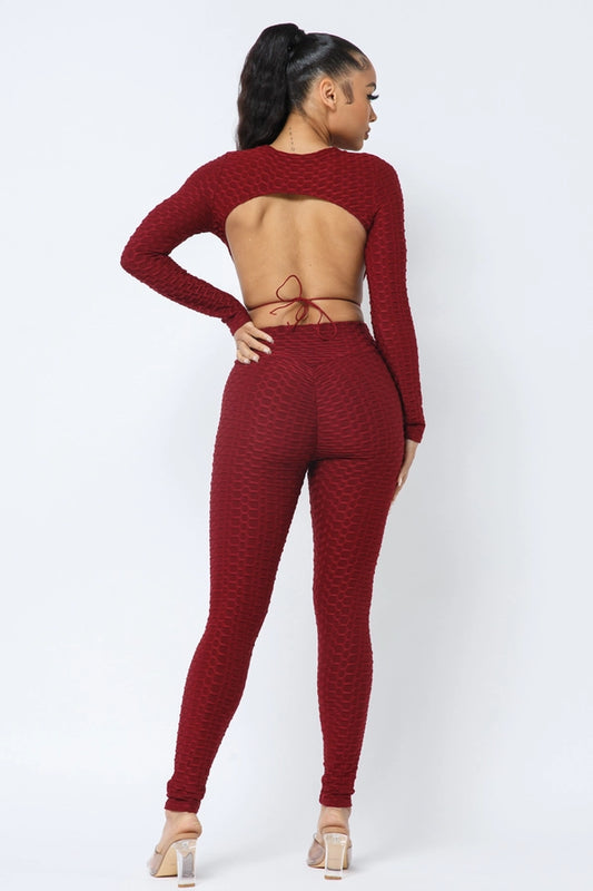 Sexy Honeycomb Open Back Tie Top and Leggings Set