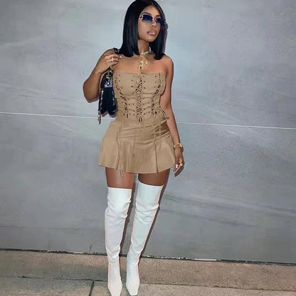 Sexy Tie Corset Pleated Mini