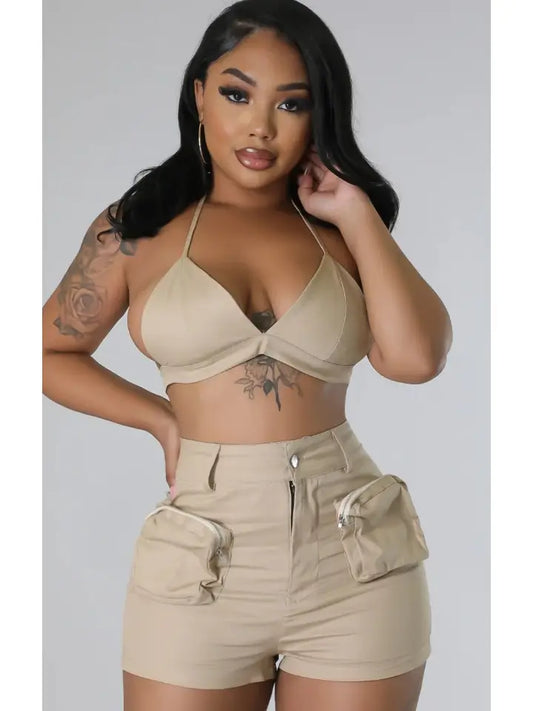 Sexy Solid High Waist Cargo Short and String Halter Sets