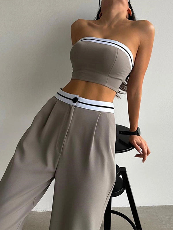 Sexy Tube Top + High Waisted Buttoned Pleated Pants Bottom Two Pieces Set