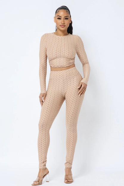 Sexy Honeycomb Open Back Tie Top and Leggings Set