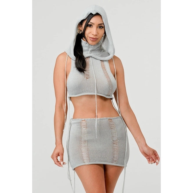 Sexy Hollow Out Sheer Knit Crop Knit Top Mini Skirt Set