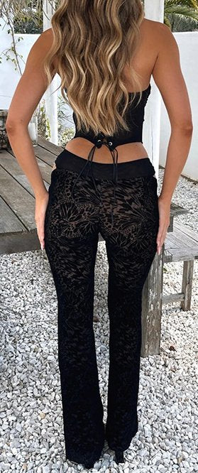 Sexy Flocking Strap Waist Tied Top and Pants Set