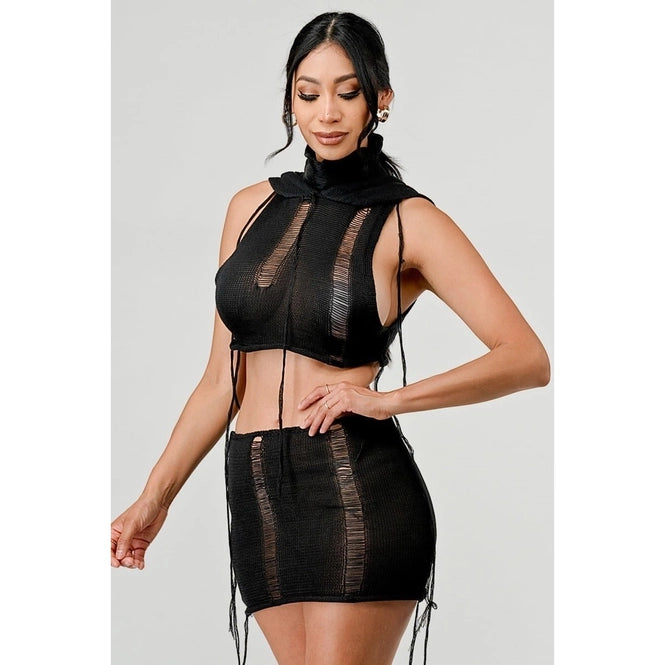 Sexy Hollow Out Sheer Knit Crop Knit Top Mini Skirt Set