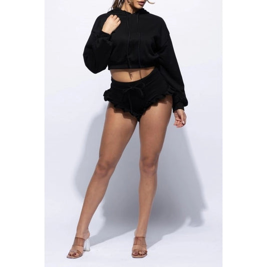 Sexy Sporty Crop Hoodie Top and Ruffled Shorts Set