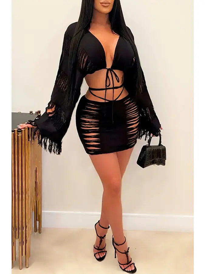 Sexy String Fringe Crop Top and Skirt Set