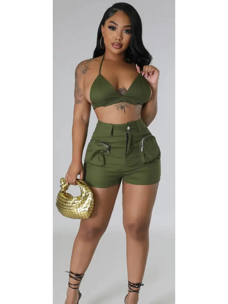 Sexy Solid High Waist Cargo Short and String Halter Sets