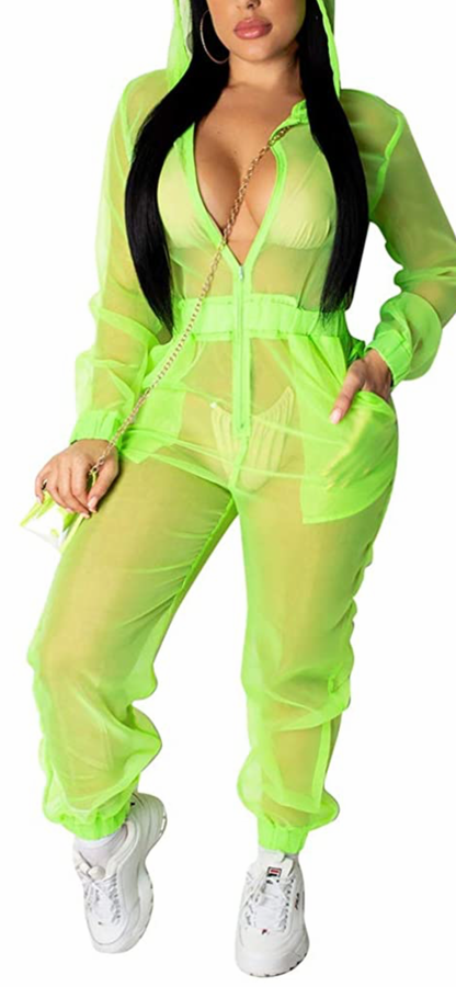 Sexy Mesh Hooded Lounge Wear Jumpsuit