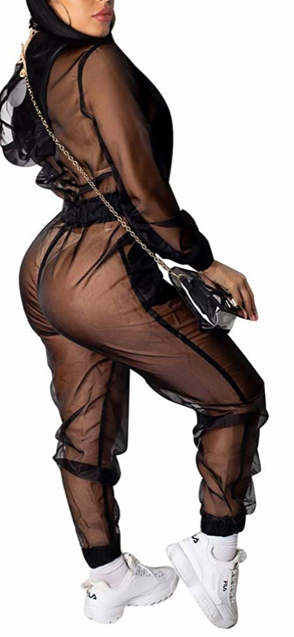 Sexy Mesh Hooded Lounge Wear Jumpsuit