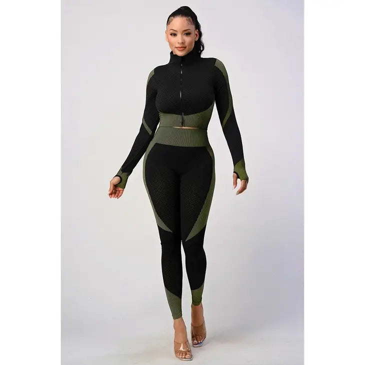 Sexy Honey Comb Active Cropped Jacket Leggings Set